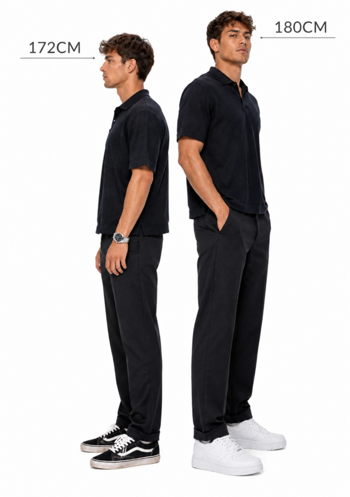Man shown at 172 cm and at 180 cm wearing Elevaro sneakers